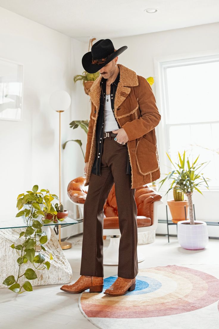 Shearling Coat with Brown Pants and Black boots